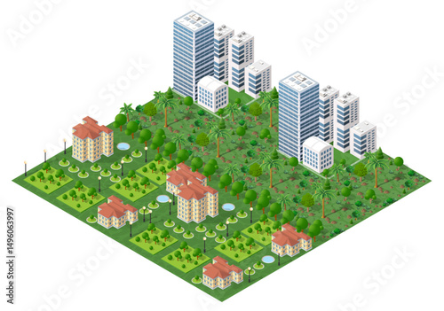 Modern city with skyscrapers, parks, and residential buildings in isometric view