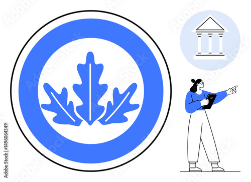 Blue leaf emblem encircled, bank building icon, woman holding tablet and pointing outward. Ideal for finance, environment, education, growth, order, collaboration communication simple landing page