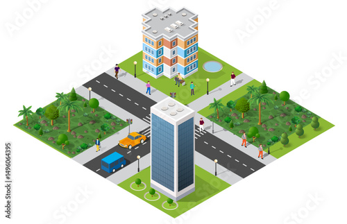 Modern city with skyscrapers, parks, roads and pedestrians walking isometric view