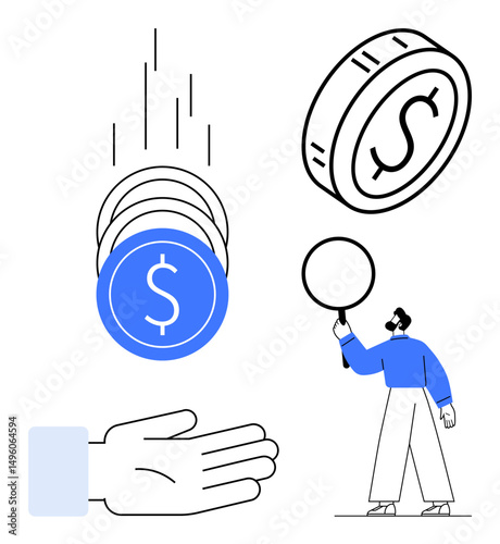 Falling dollar coins toward open hand, businessman analyzing concept with magnifier. Ideal for finance, investment, savings, economics, banking, loans, simple landing page