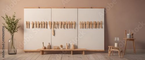 Stylish poster display, wooden clothespins, bright wall,  contemporary,  simple,  gallery