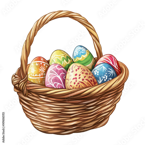 Colorful Easter basket illustration isolated on a transparent or white background. Perfect for spring, holiday designs, and festive decoration themes.