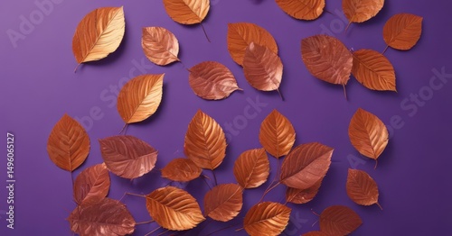 Dry orange metallic leaves, violet backdrop  Geometric leaf arrangement creates striking contrast , violet, metallic, shade