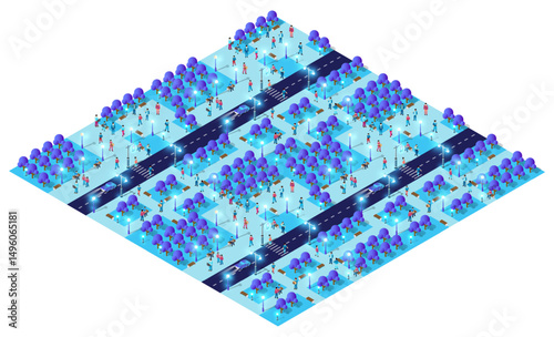 Smart city park with people walking and relaxing at night, isometric view