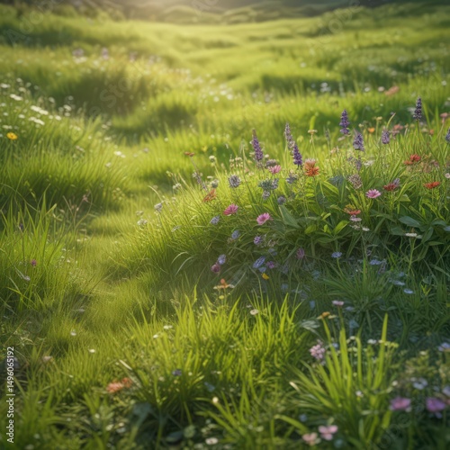 Lush green grass, vibrant wildflowers blooming in June sunlight , vibrant, environment, sunshine