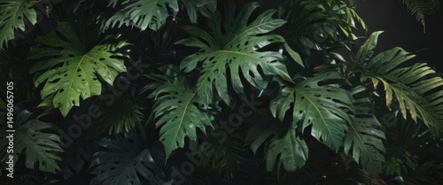 Overlapping exotic leaves, deep shadows, lush texture, tropical mystery , shadow play, veins, leaf pattern