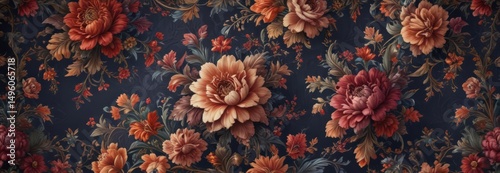 Intricate floral wallpaper, classic design, deep saturated colors, pattern, repeat, graphics