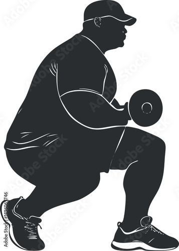 Silhouette of a man wearing sportswear and cap performing a dumbbell squat exercise for strength training and fitness