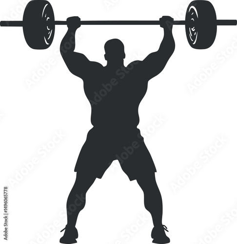 Silhouette of a muscular man lifting a heavy barbell overhead in a weightlifting exercise