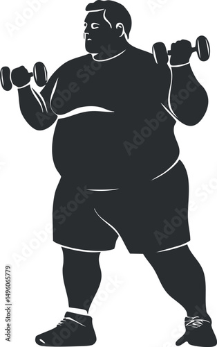 Silhouette of an overweight man lifting dumbbells for strength training and fitness workout