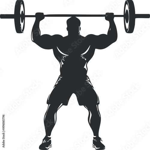 Silhouette of a muscular man lifting a barbell overhead in a weightlifting exercise