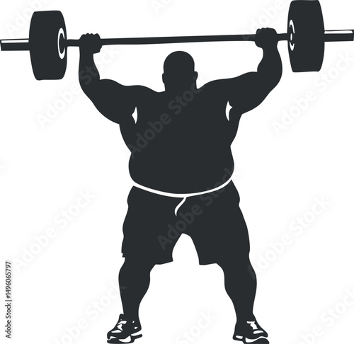 Silhouette of a muscular man performing a heavy barbell overhead lift during strength training exercise.
