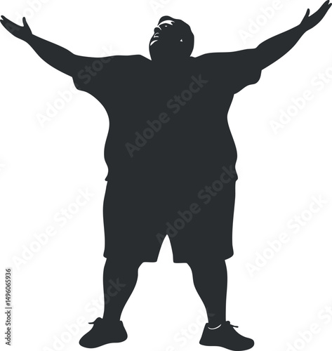 Silhouette of a man standing with arms raised in a victorious and joyful gesture isolated on white background
