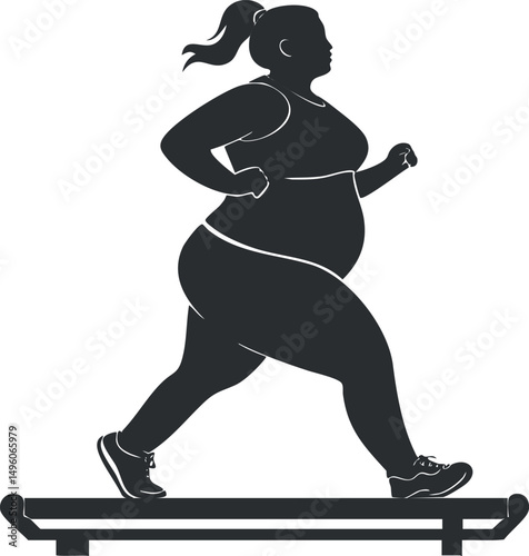 Silhouette of a plus size woman running on a treadmill exercising for fitness and health.