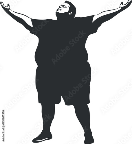 Silhouette of a man standing with arms raised in celebration and joy, expressing victory and freedom
