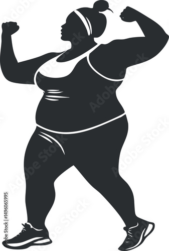Silhouette of a plus-size woman in activewear flexing muscles and showing strength during exercise