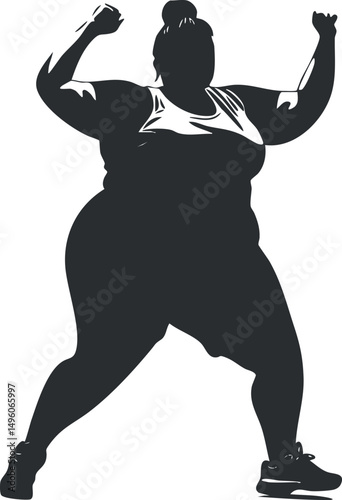 Silhouette of a plus size woman exercising with raised arms in a fitness workout pose