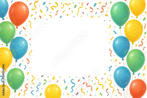 Vibrant balloons and confetti form a celebratory frame, perfect for adding a touch of fun to any design with its transparent background