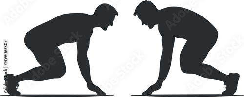 Silhouettes of two men in starting positions ready to race against each other in sports competition