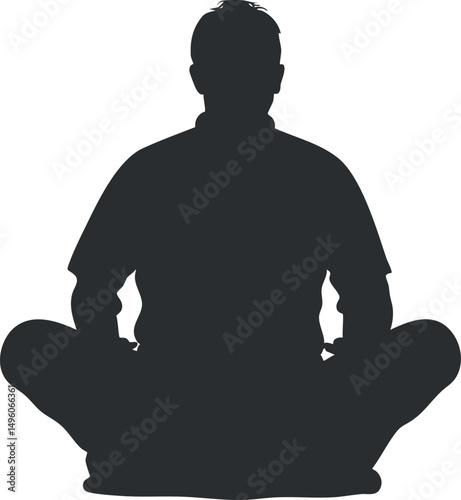 Silhouette of a man sitting cross-legged in a meditative and relaxed pose isolated on white background