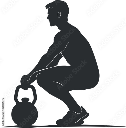 Silhouette of a man performing a kettlebell squat exercise for strength training and fitness