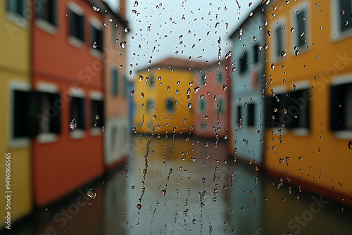 Rain-streaked glass reveals a vibrant cityscape, softening the hues of colorful buildings into an impressionistic painting of urban life on a gray day.