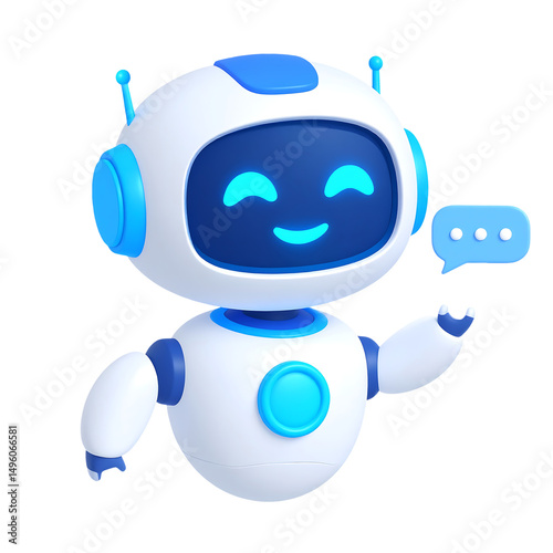 Happy robot. 3d ai character, chat bot mascot isolated on white background, GPT chatbot icon. Artificial intelligence, trendy technology, support service, funny automation