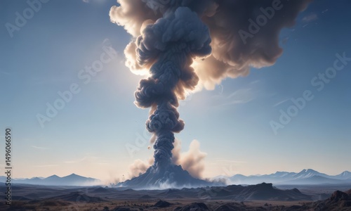 Immense smoke column dominates serene blue sky and expansive terrain ,  sky,  haze,  environment