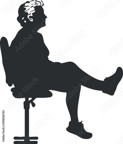 Silhouette of an elderly woman sitting on a chair with one leg crossed, side profile view in black and white.