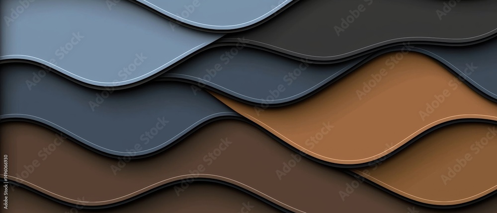 Obraz premium A 3D rendering of overlapping geometric shapes in various shades of blue, gray, brown, and orange.