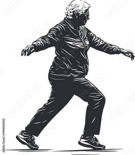 Silhouette of an elderly woman exercising by walking outdoors wearing casual sportswear and sneakers