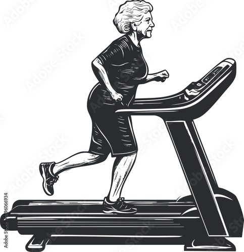 Elderly woman running on treadmill exercising for fitness and health in gym setting