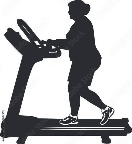 Silhouette of a woman walking on a treadmill for indoor fitness exercise and workout