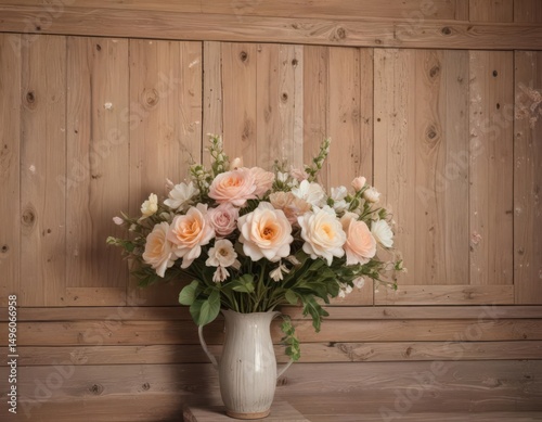 Creamy pastel artificial blooms, aged wood paneling, soft lighting ,  soft,  artificial flower wall,  pastel