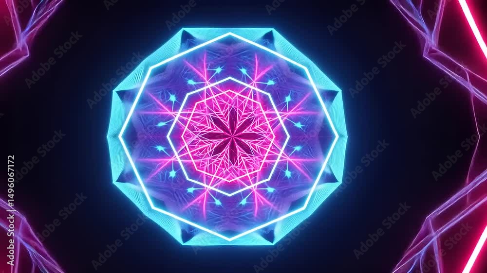 Vibrant geometric pattern with neon lights creating a kaleidoscopic effect in a dark background