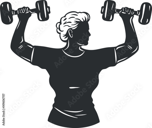 Silhouette of a woman lifting dumbbells in a strength training workout for fitness and health