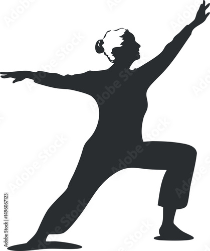 Silhouette of a woman performing a yoga pose with arms extended for balance and stretching.