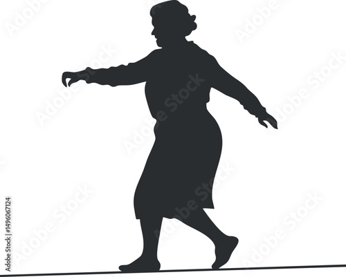 Silhouette of a woman walking with arms extended for balance on a flat surface in side profile.