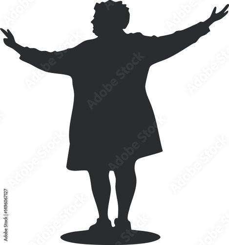 Silhouette of a woman standing with arms outstretched and fingers forming peace signs on white background