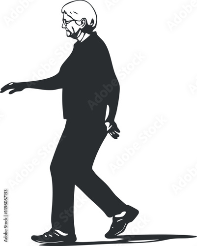 Black and white silhouette of an elderly woman walking with a calm and relaxed posture isolated on white background