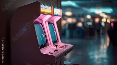 Nostalgic Arcade: A Pair of Retro Video Game Cabinets in a Dimly Lit Gaming Hall