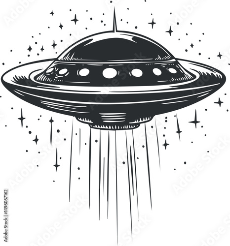 Black and white illustration of a UFO flying saucer emitting light beams with stars in the background