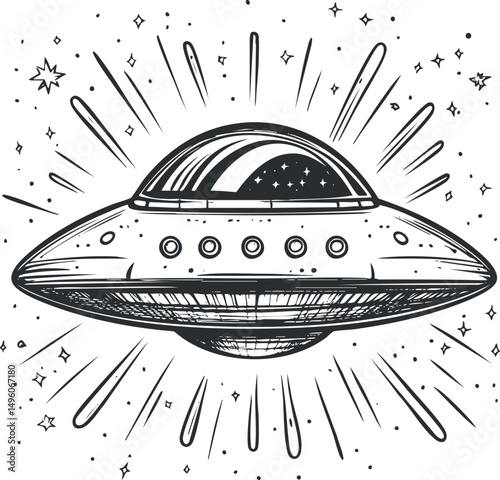 Black and white hand-drawn illustration of a flying saucer UFO surrounded by stars and cosmic rays