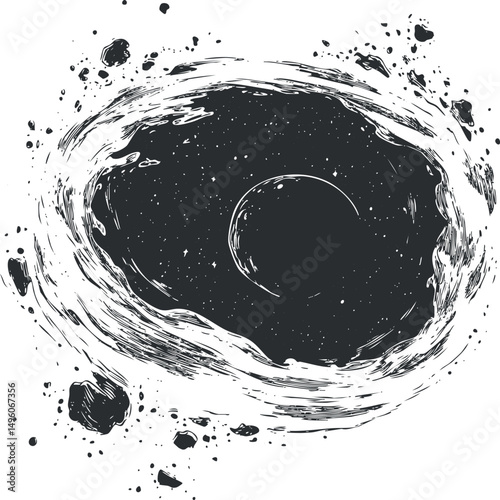 Black and white illustration of a cosmic black hole with swirling space debris and a planet nearby