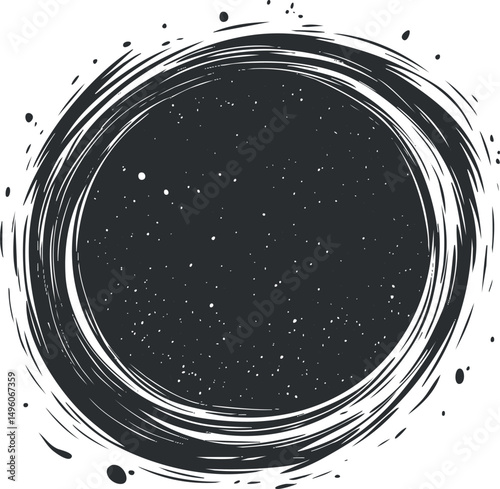 Abstract black grunge circular frame with rough brush strokes and splatter texture on white background
