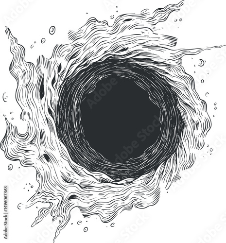 Black and white artistic illustration of a swirling black hole or cosmic vortex in space.