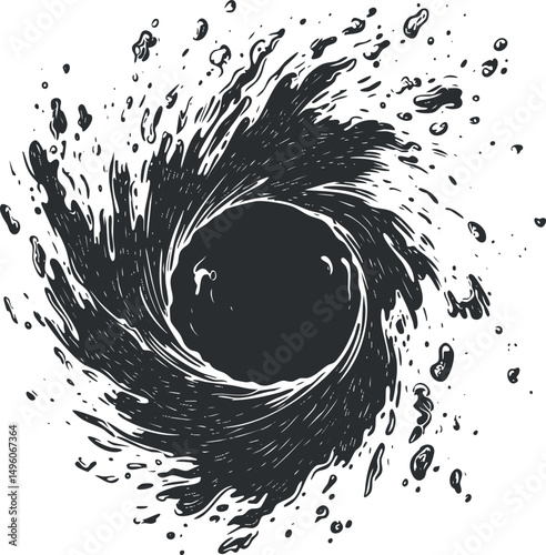 Black and white illustration of a dynamic water vortex splash swirling in a circular motion pattern.