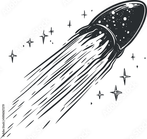 Black and white vector illustration of a rocket launching into space surrounded by stars