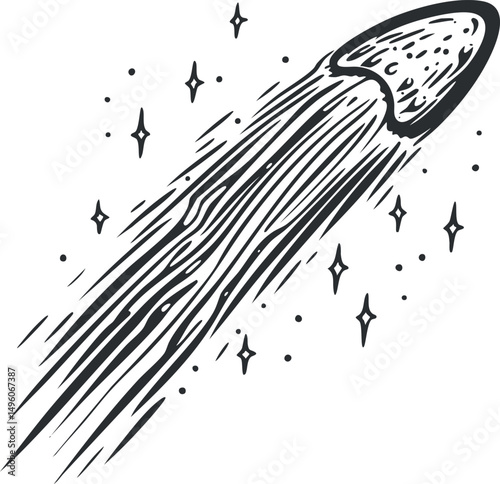 Black and white illustration of a comet with a long trail flying through space surrounded by stars