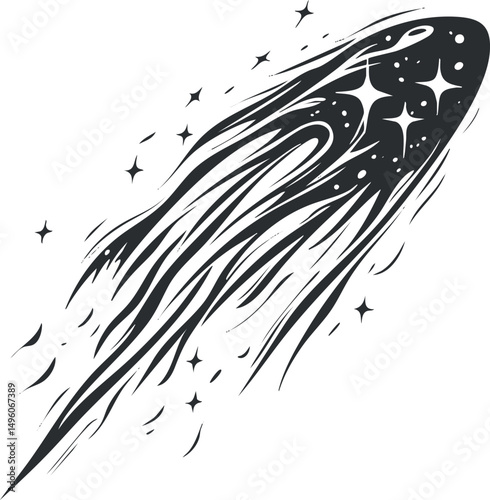 Black and white abstract comet illustration with glowing stars and dynamic light streaks
